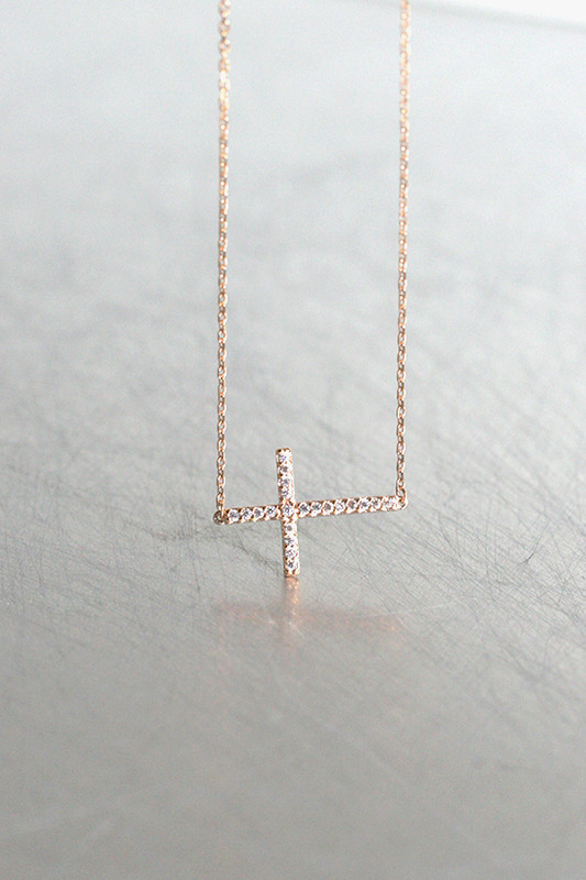 Rose Gold Swarovski Sideways Cross Necklace Sterling Silver from kellinsilver.com