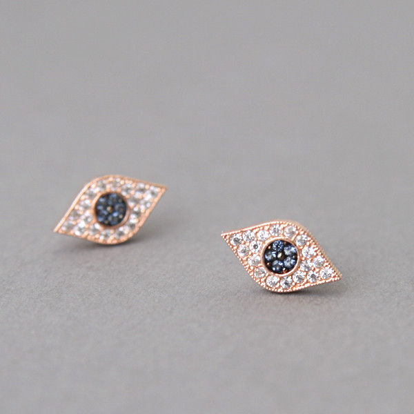 Pave Sapphire Swarovski Evil Eye Stud Earrings Rose Gold
