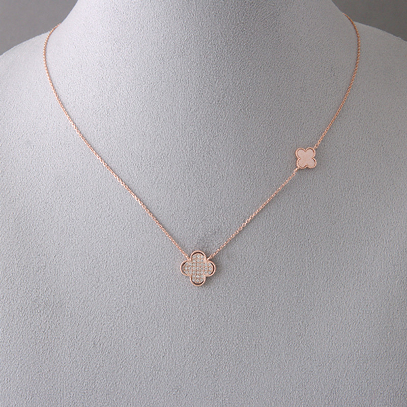 Pave Rose Gold Four Leaf Clover Necklace Sterling Silver