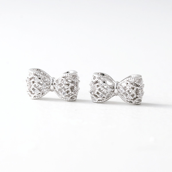 CZ 3D Filligree Bow Stud Earrings White Gold