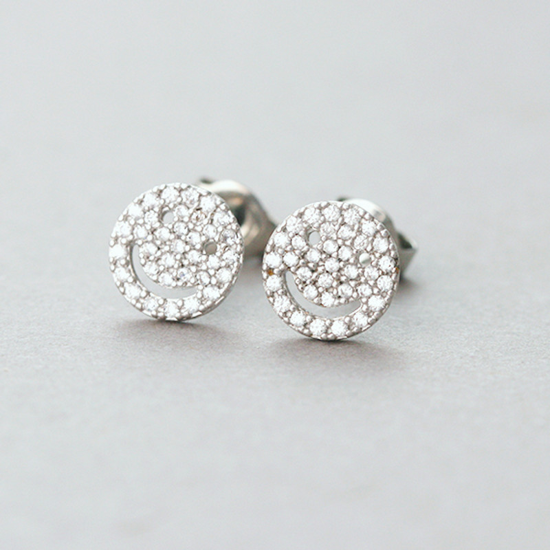 Micro Pave Swarovski Tiny Smile Stud Earrings White Gold from kellinsilver.com