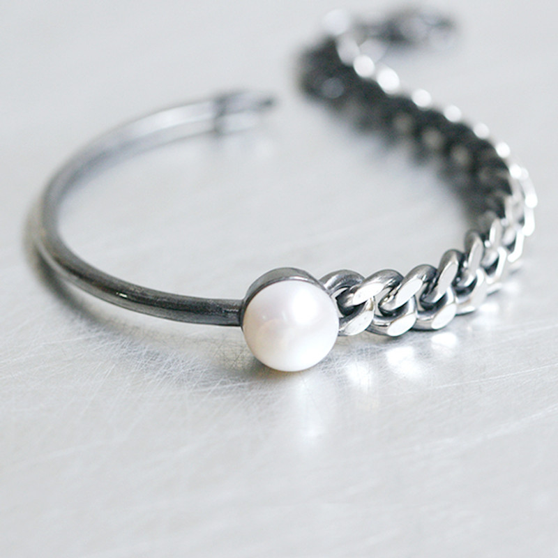 Oxidized Sterling Silver Asymmetric Chain Freshwater Pearl Bracelet from kellinsilver.com