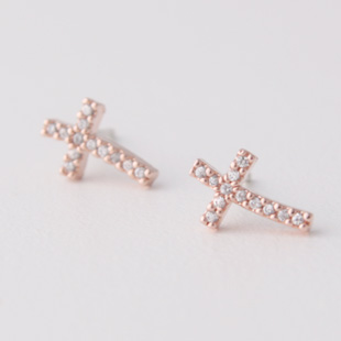 Swarovski Curved Sideways Cross Earrings Rose Gold Kellinsilver