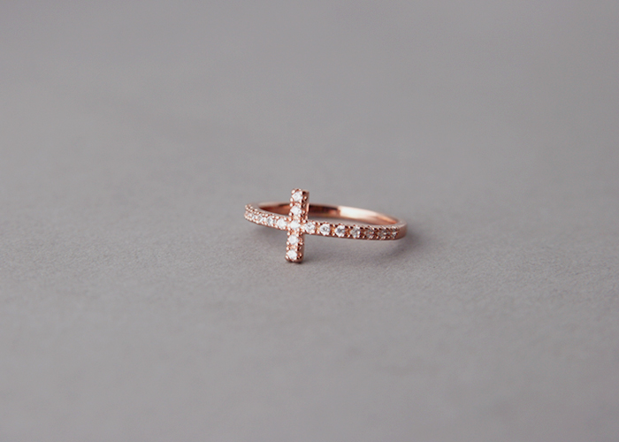 CZ Sideways Cross Ring Rose Gold