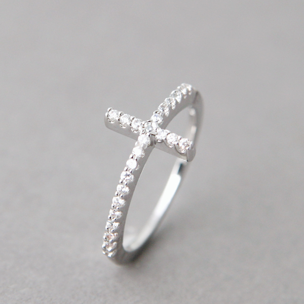 White Gold CZ Sideways Cross Ring Sterling Silver from kellinsilver.com