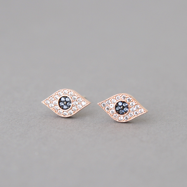 Pave Sapphire Swarovski Evil Eye Stud Earrings Rose Gold