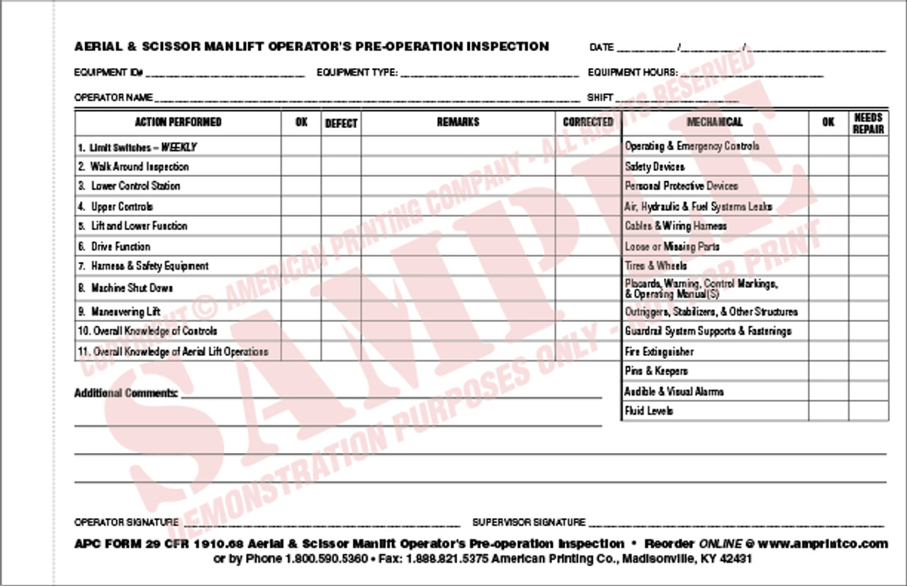 Daily Scissor Lift Inspection Sheet Printable