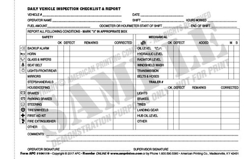 Daily Vehicle Checklist 106119 Daily Vehicle Inspection Checklist 5599