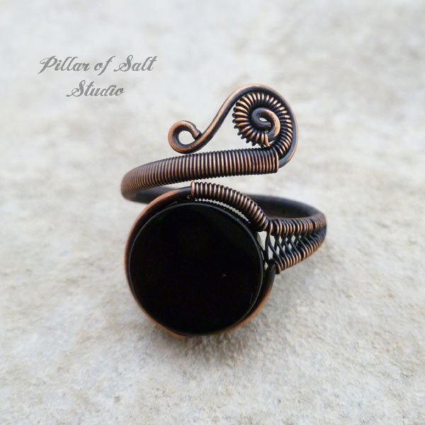black onyx adjustable copper wire wrapped ring by Pillar of Salt Studio