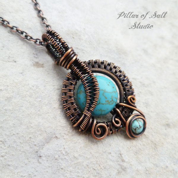Small Turquoise magnesite copper woven wire wrapped pendant necklace