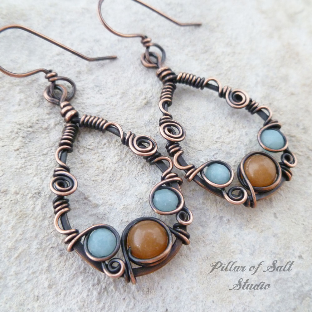 Teardrop Wire wrapped earrings with Amazonite and Red Aventurine ...