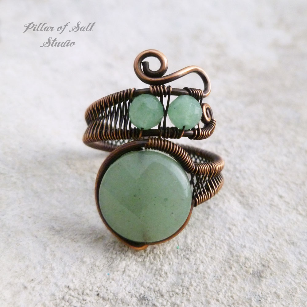 Green aventurine copper wire wrapped ring by Pillar of Salt Studio