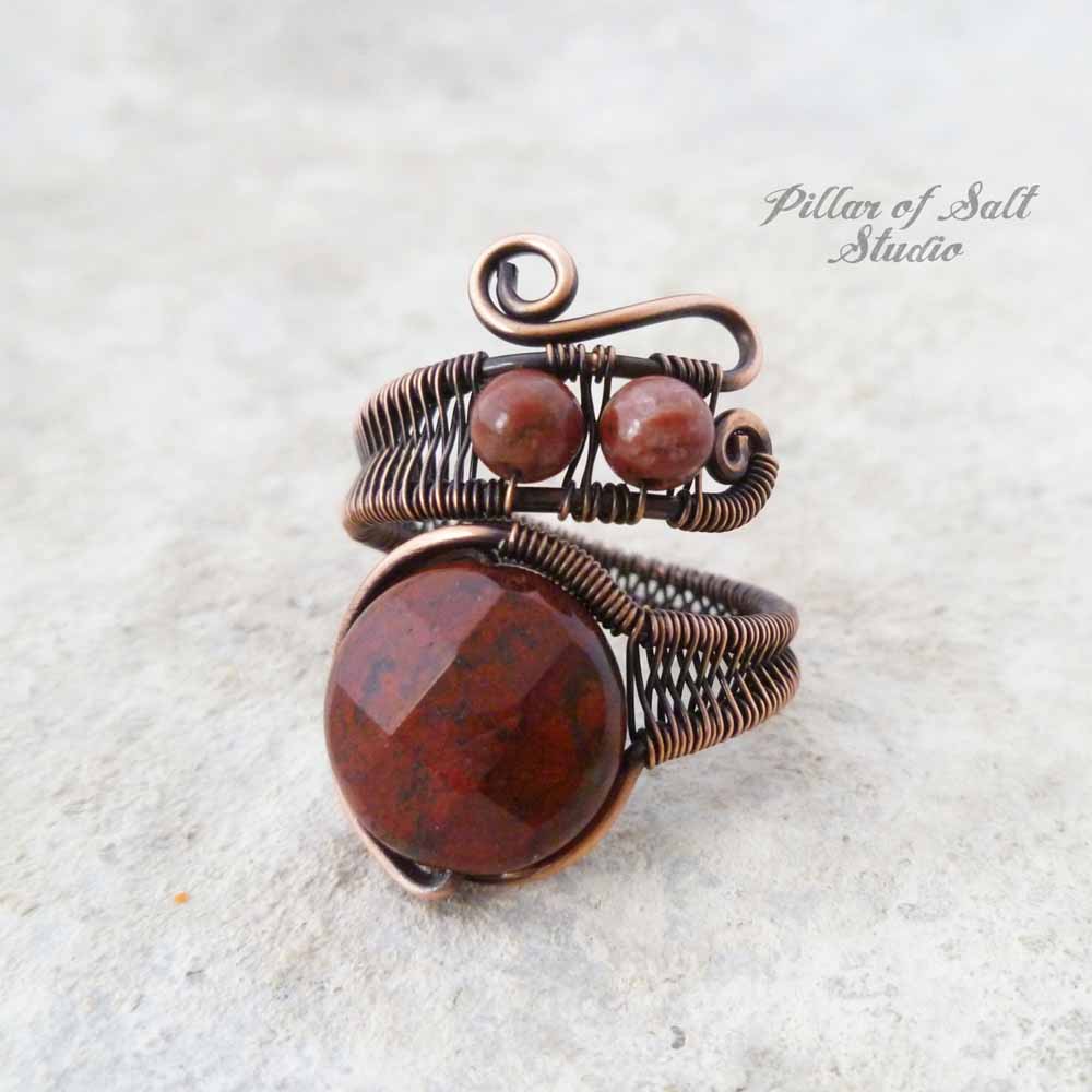 Red Poppy Jasper copper wire wrapped ring by Pillar of Salt Studio