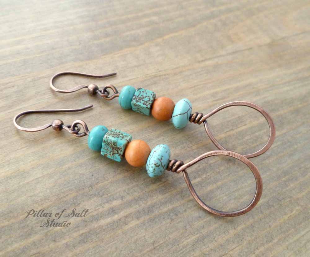Stacked Teardrop Copper Earrings - Orange and Turquoise