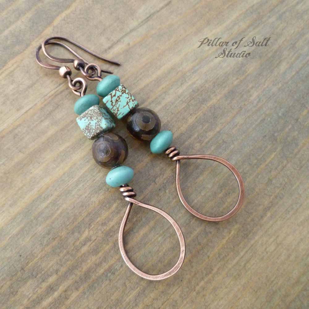 Stacked Teardrop Copper Earrings - Brown and Turquoise