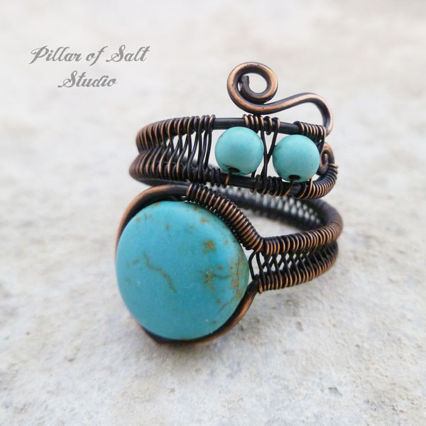 turquoise magnesite wire wrapped ring by Pillar of Salt Studio