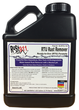 Pre-mixed Rust911 Powerful Rust Remover. Non-Hazardous, Non-Toxic and Safe to Use on irons, steels, copper and brass. Does not harm plastics, paints or rubbers. Pre-mixed Rust911 Powerful Rust Remover. Non-Hazardous, Non-Toxic and Safe to Use on irons, steels, copper and brass. Does not harm plastics, paints or rubbers.