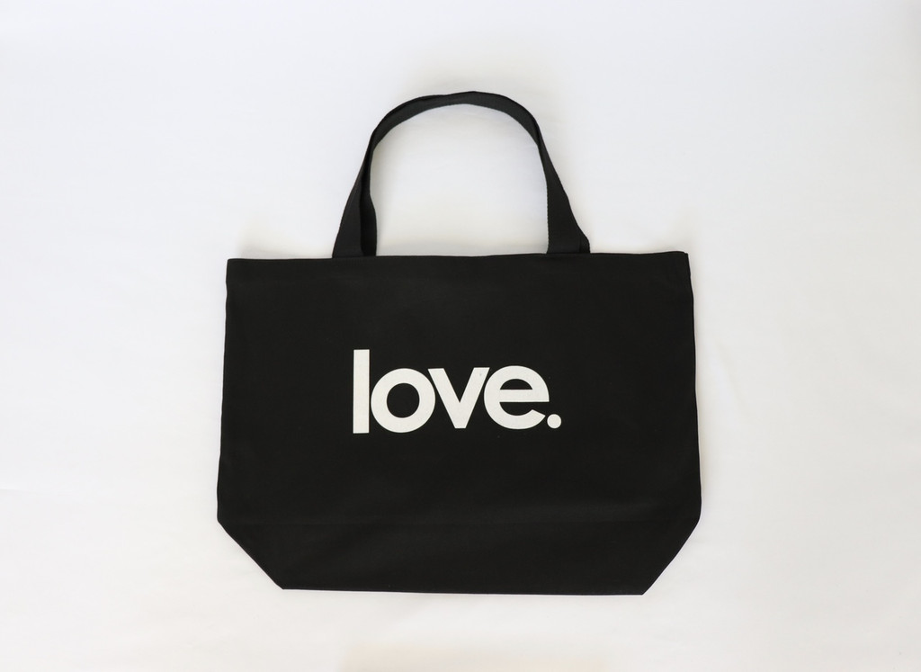 LOVE. BLACK CANVAS TOTE with 3 HEARTS on back.