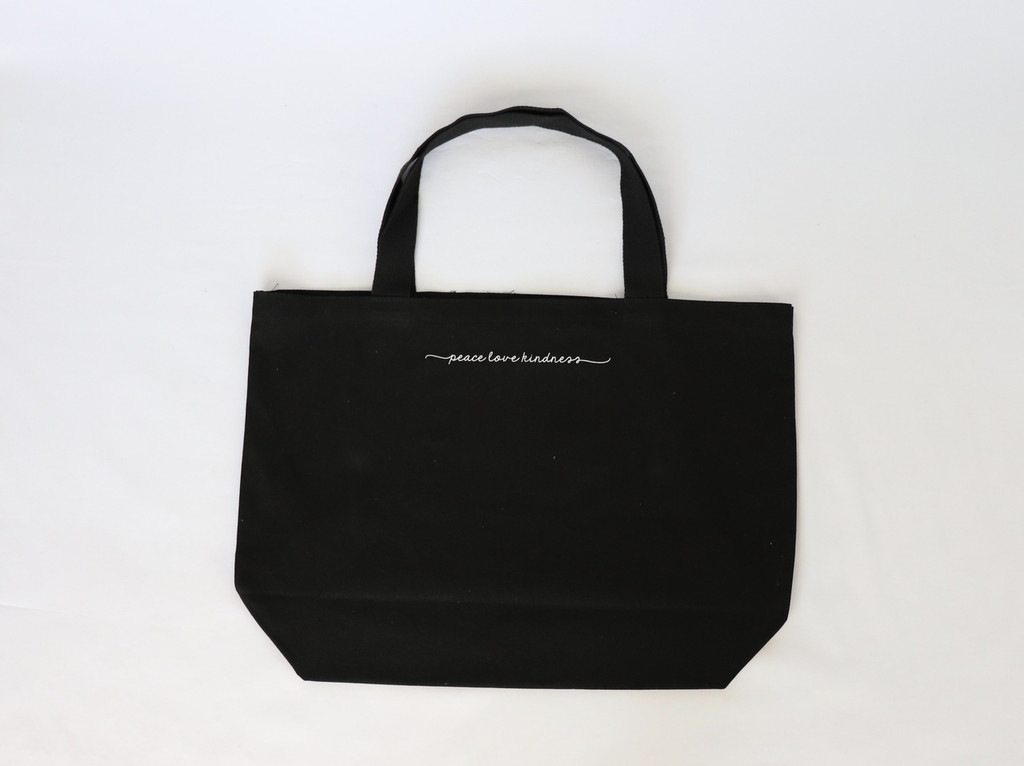 PEACE SIGN BLACK CANVAS TOTE with PEACE, LOVE, KINDNESS on back.