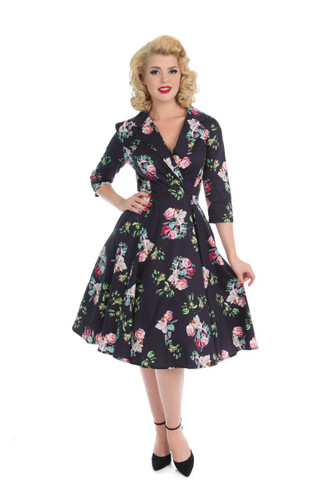 Navy Blue and Pink Floral V Neck Crossover 3/4 Sleeve 1950s Tea Dress - Elizabeth