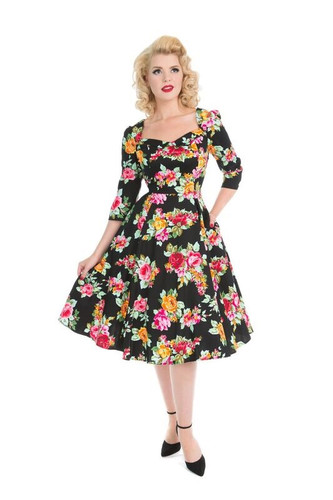 Black and Floral 3/4 Sleeve Sweetheart Neckline 1950s Tea Dress - Meredith