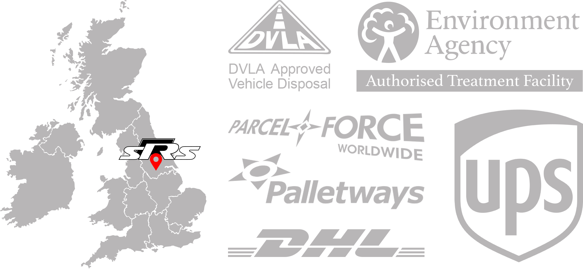 SRS Automotive accreditations and courier partners: DVLA Approved Vehicle Disposal, Environment Agency Authorised Treatment Facility, Parcelforce Worldwide, Palletways, DHL and UPS