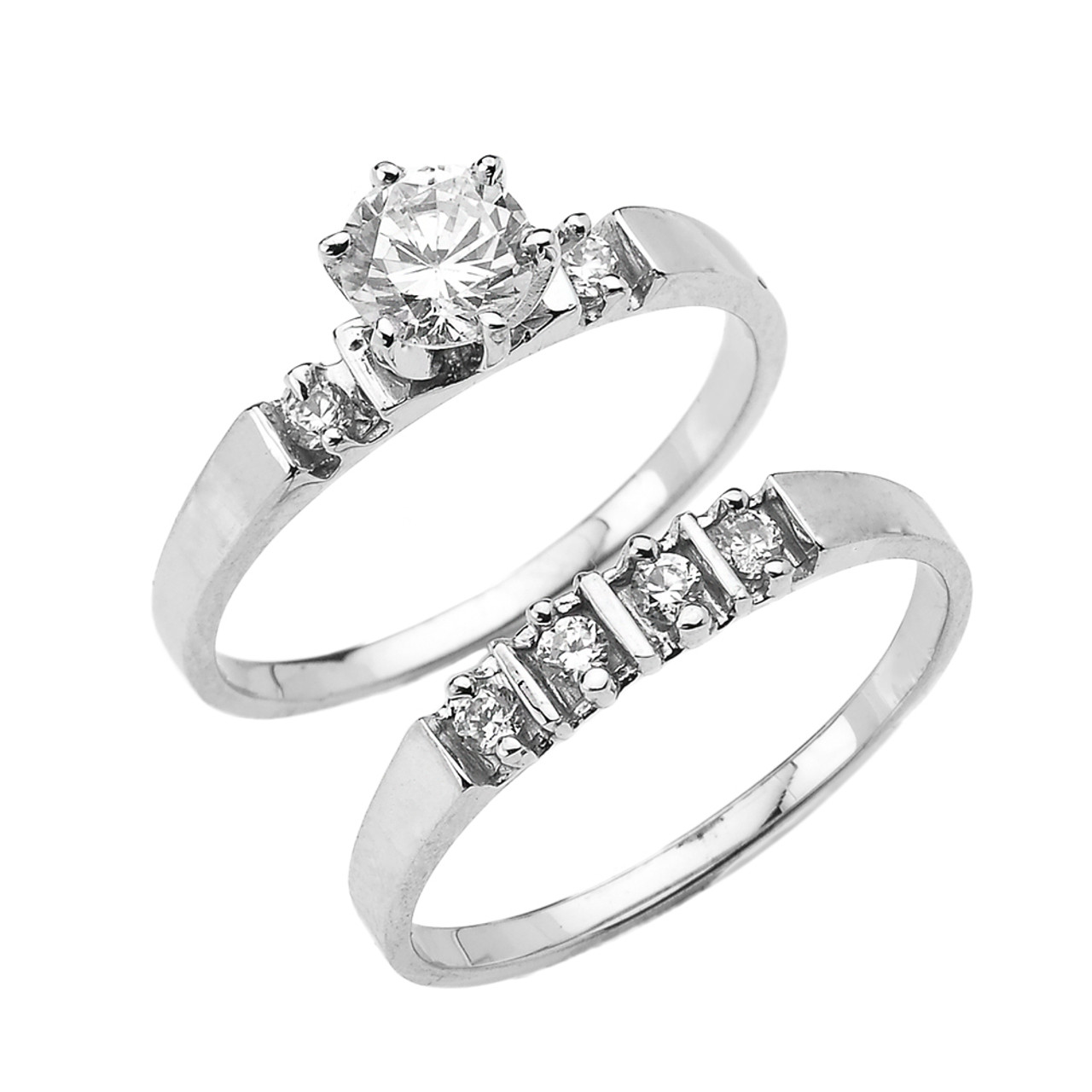 White Gold Round CZ Solitaire Engagement Wedding Ring Set