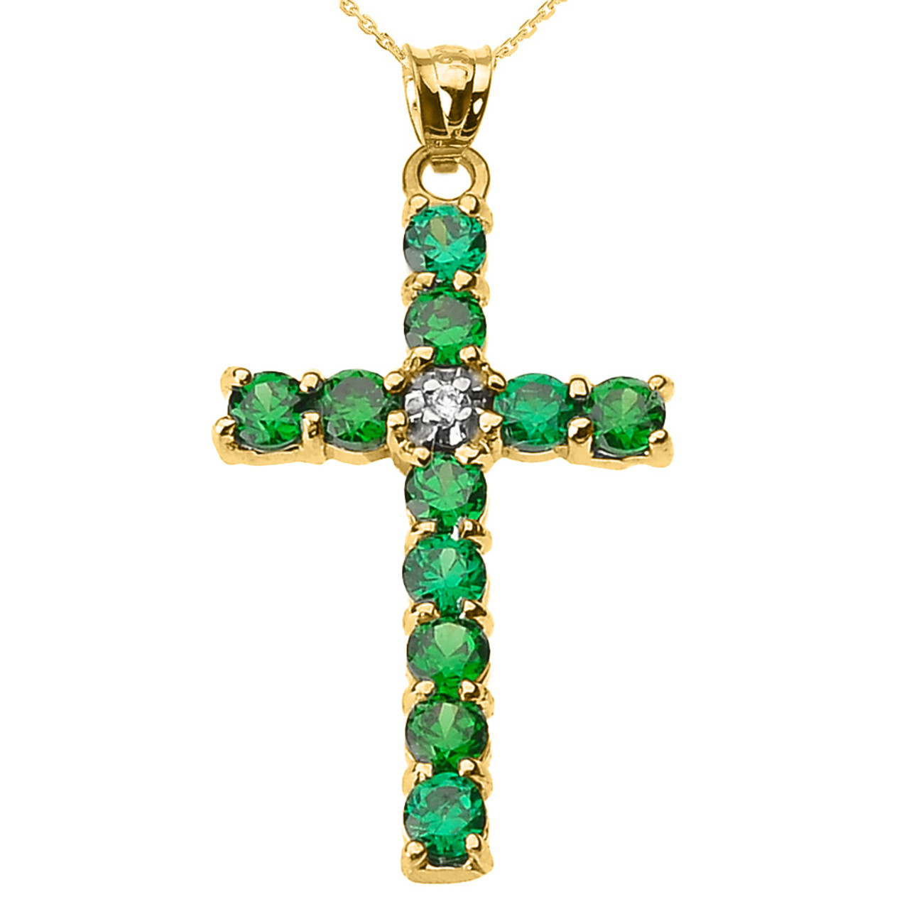 Yellow Gold Diamond and Green CZ Cross Pendant Necklace