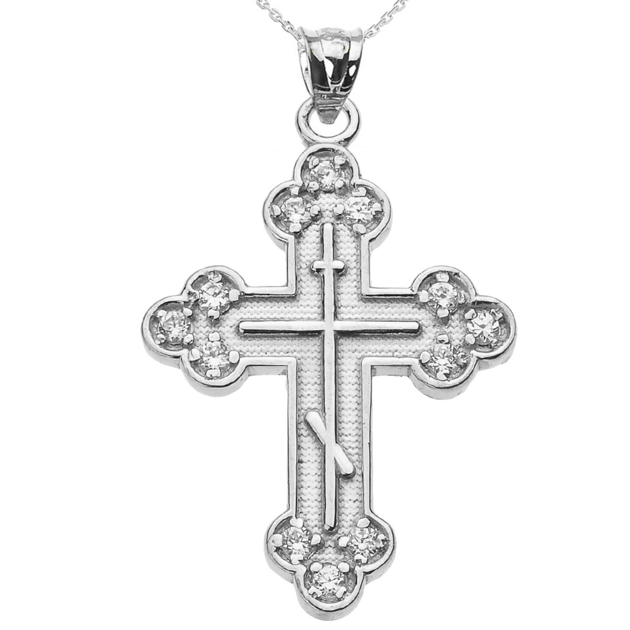 Sterling Silver Diamond Eastern Orthodox Cross Pendant Necklace