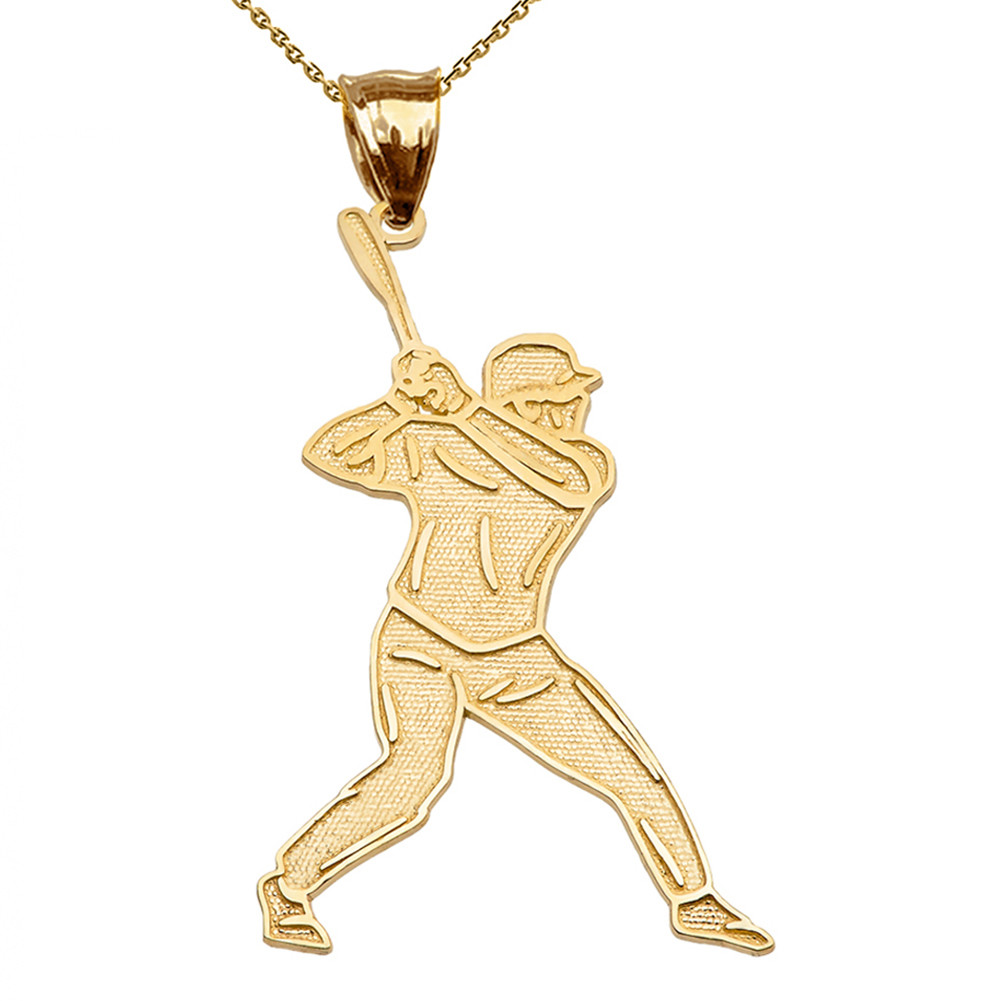 Baseball Player Sports Yellow Gold Pendant Necklace