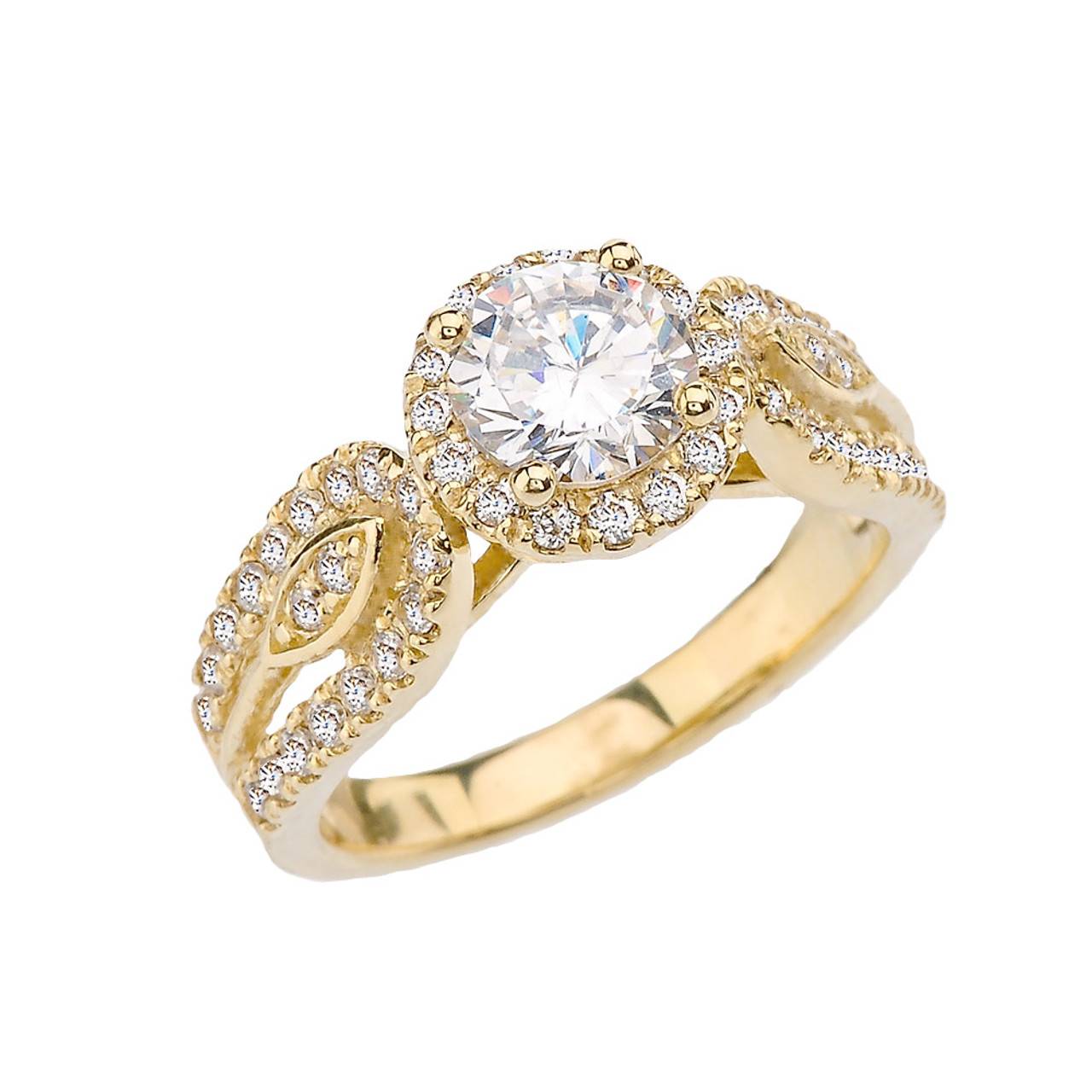 Elegant CZ Halo Engagement Ring in Yellow Gold