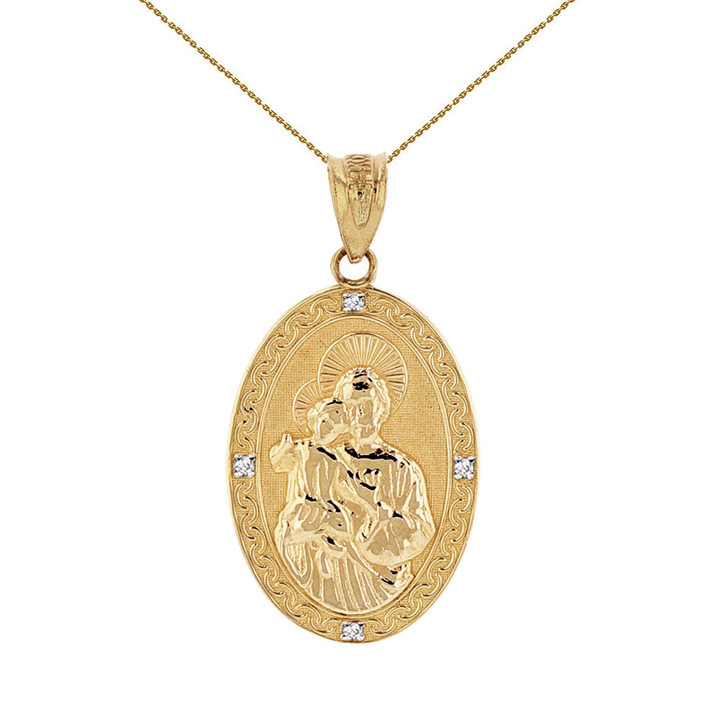 Solid Yellow Gold Saint Joseph Diamond Oval Medallion Pendant Necklace