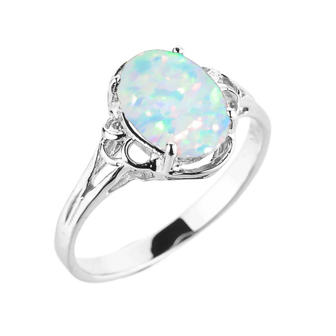 White Gold Simulated Opal Gemstone Ring