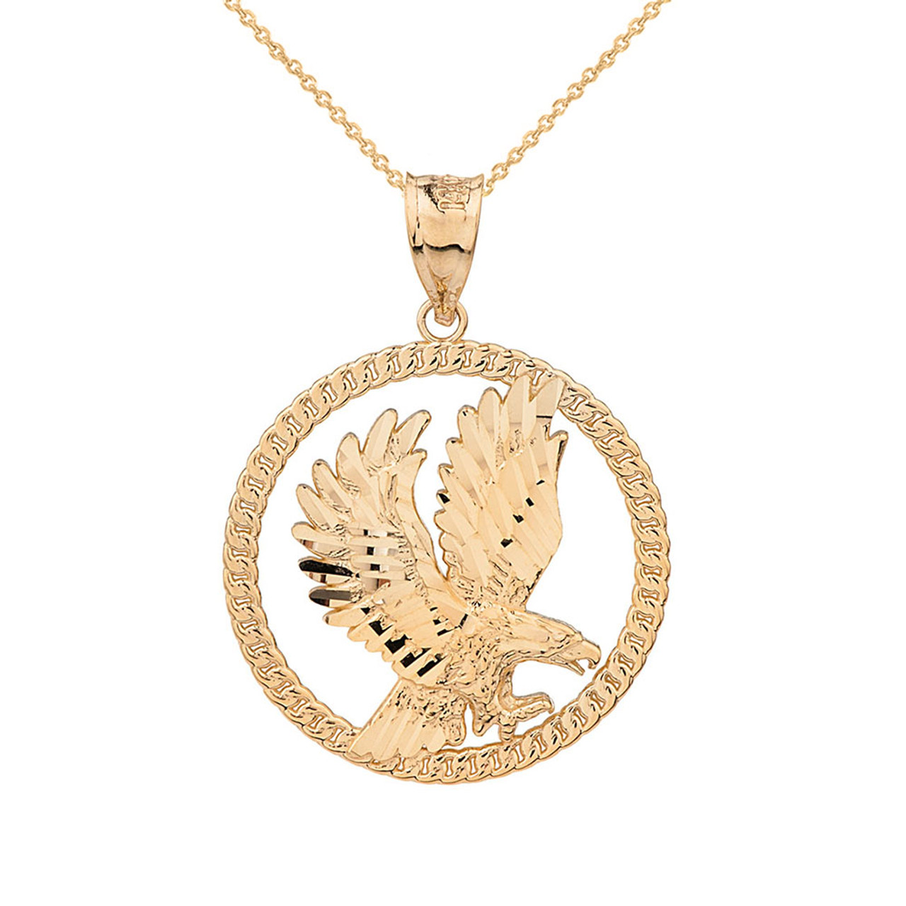 Solid Yellow Gold Rope Frame Diamond Cut American Eagle Circle Pendant