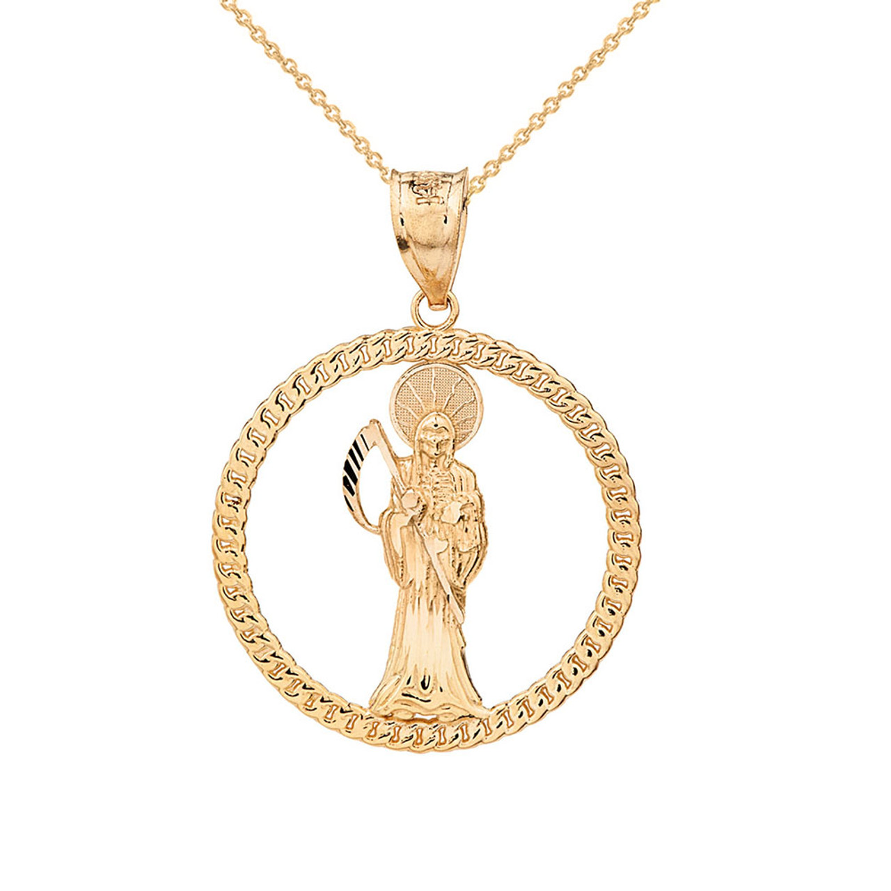 Solid 10k Two Tone Yellow Gold Santa Muerte Oval Pendant Necklace 