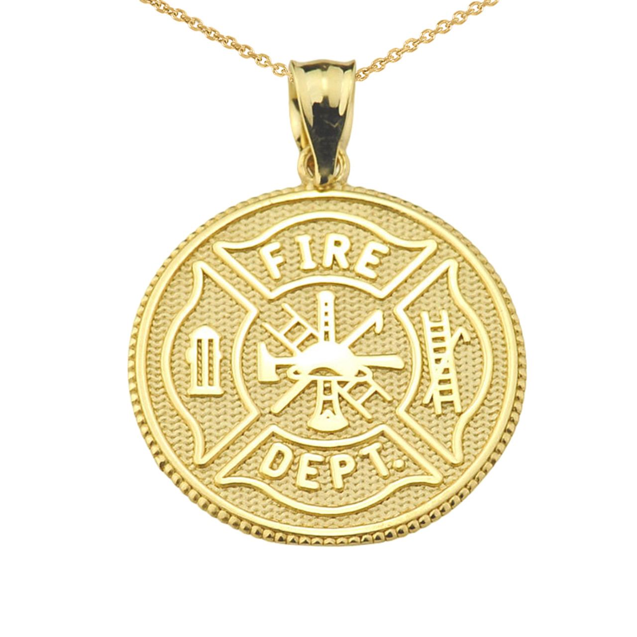 Solid Gold US Firefighter Maltese Cross Pendant Necklace