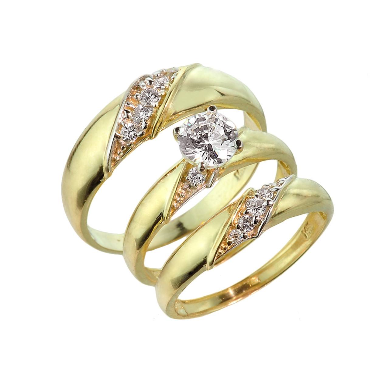 Gold CZ Wedding  Ring  Three  Piece  Set 