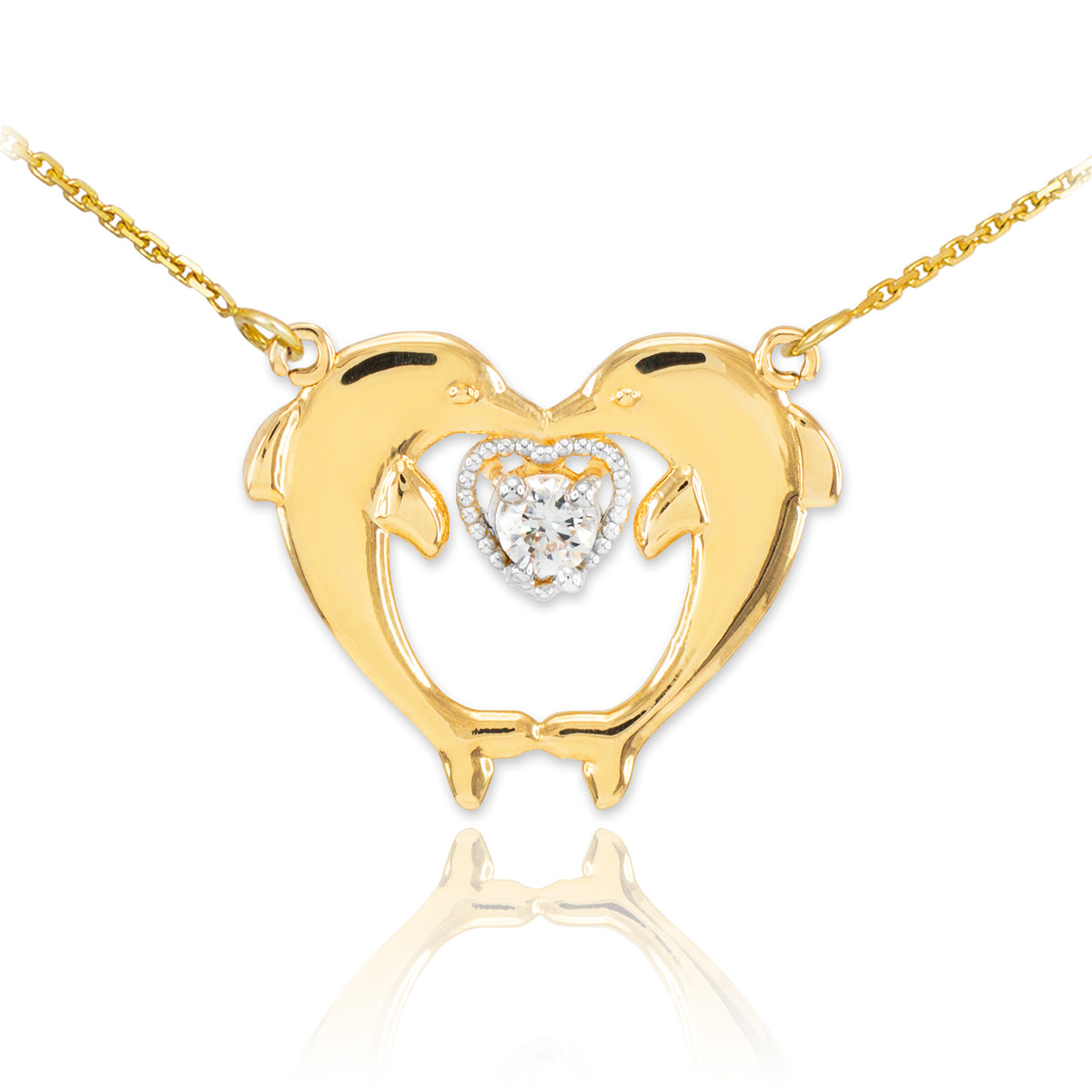 14k Gold Two Dolphins CZ Necklace Dolphin Necklaces