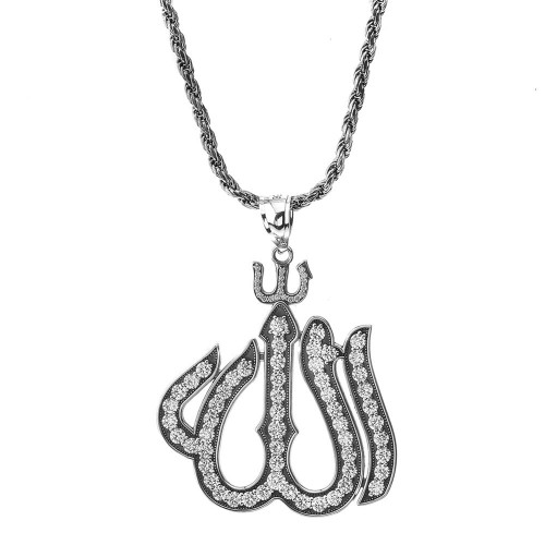 bold large allah pendant necklace with oxidized rope chain in