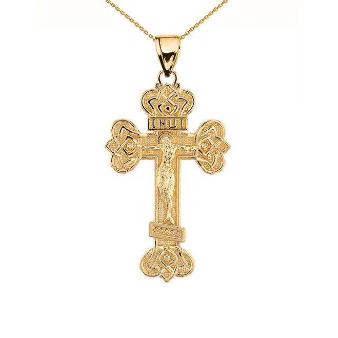 Yellow Gold Diamond Eastern Orthodox Cross Pendant Necklace