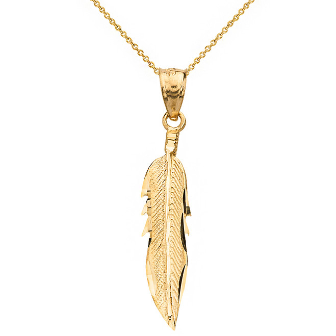 Solid White Gold Diamond Cut Boho Feather Pendant Necklace