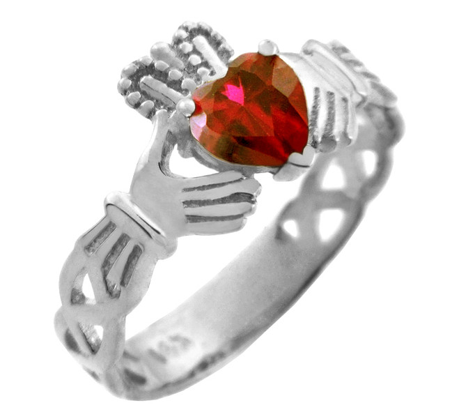 Silver Birthstone Claddagh Ring Ruby