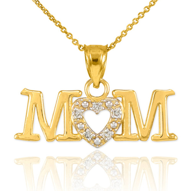 14k Gold Diamond Pave Heart Love You Mom Pendant Necklace 0709