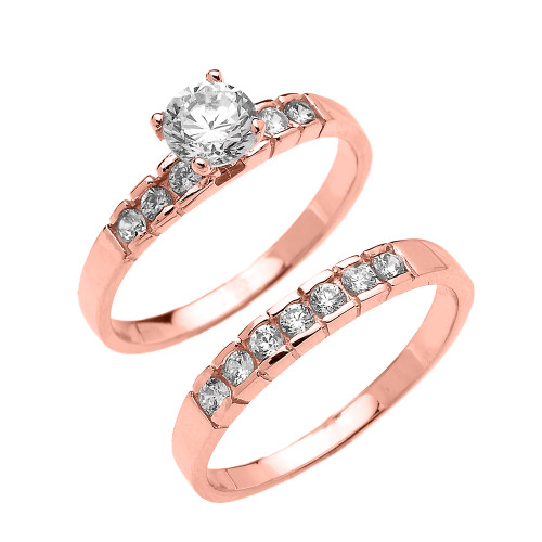  Rose  Gold  Channel Set Round CZ  Engagement  Wedding  Ring  Set