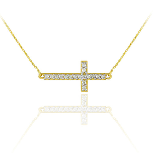 14K Gold Diamond Sideways Cross Necklace