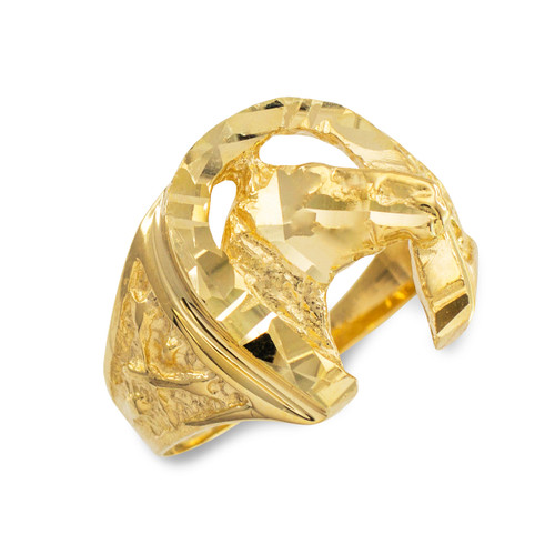 Gold Horse Head with Horseshoe Diamond Cut Ring | Horse Rings ...