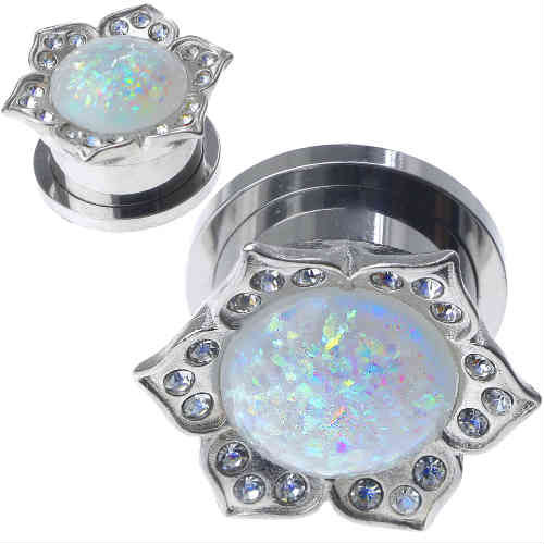 Black and Silver Stainless Flower W/ SYN White Opal center Screw Back
