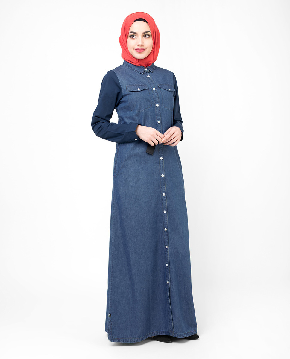 Fully Buttoned Front Open Denim Jilbab Abaya Islamic Fully Buttoned Front Open Denim Jilbab Abaya Islamic
