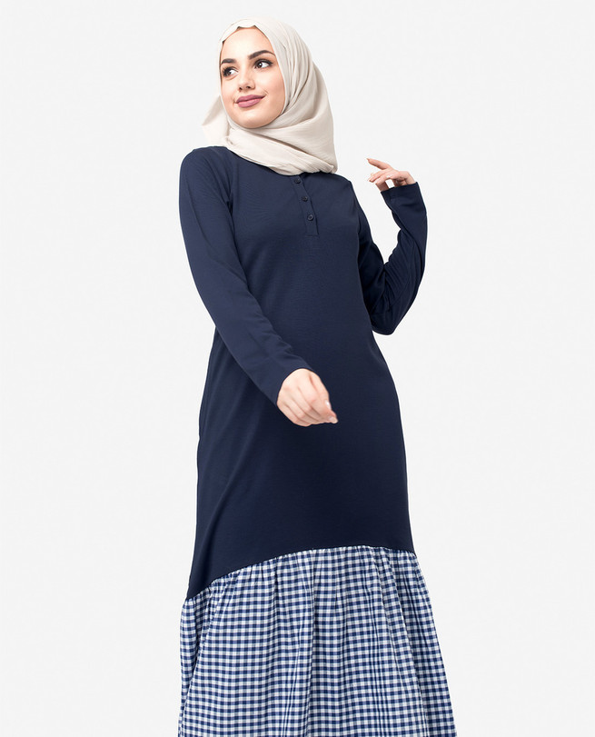 Gingham Gathered Navy Jilbab Abaya Modest Fashion Clothing Gingham Gathered Navy Jilbab Abaya Modest Fashion Clothing