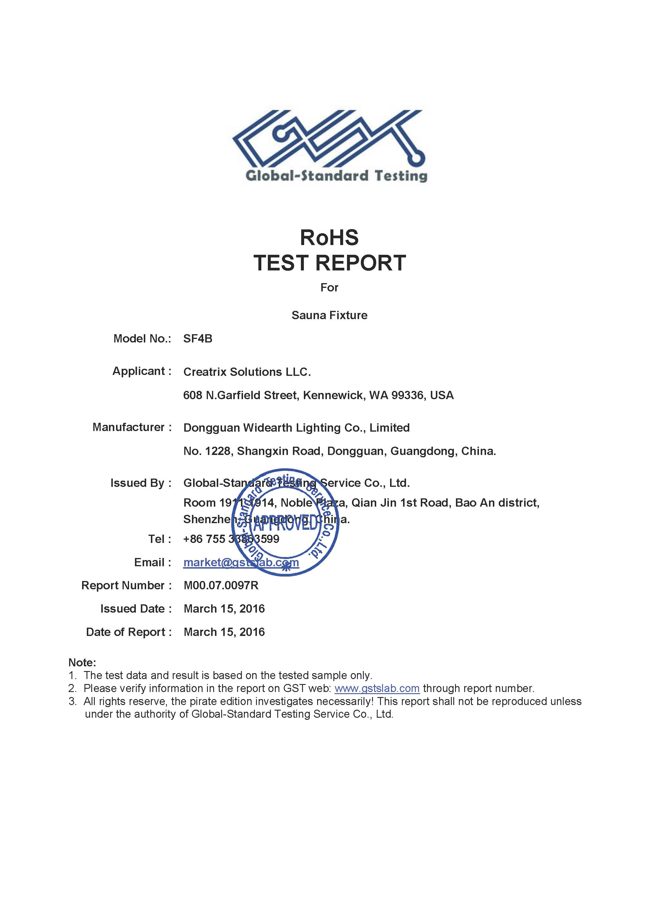 Sauna Fix EU ROHS Test Report Page 1